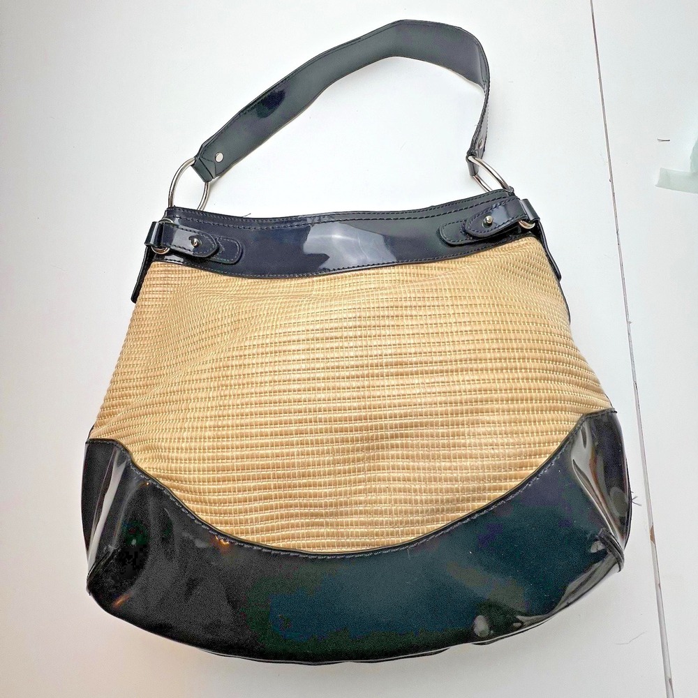 Ann Taylor  Straw Handbag Tan  Purse With Navy Patent Trim